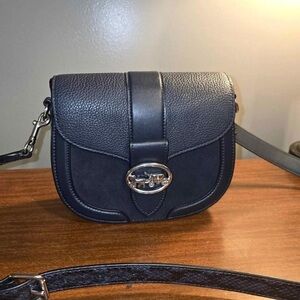 Coach Navy Leather & Suede Georgie Saddle bag w/ Snakeskin strap